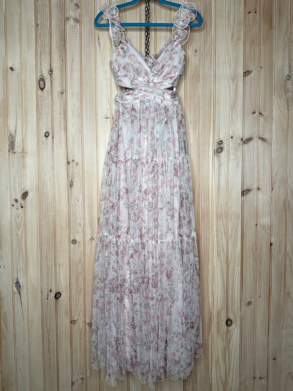NWT Lulus Ethereal Love Blush Floral Pleated Tiered Tie-Back Maxi Dress M